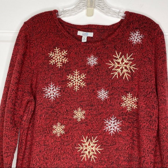 Croft & Barrow Red Holiday Christmas Snowflake Sweater Gold Silver Snowflakes - Picture 3 of 5